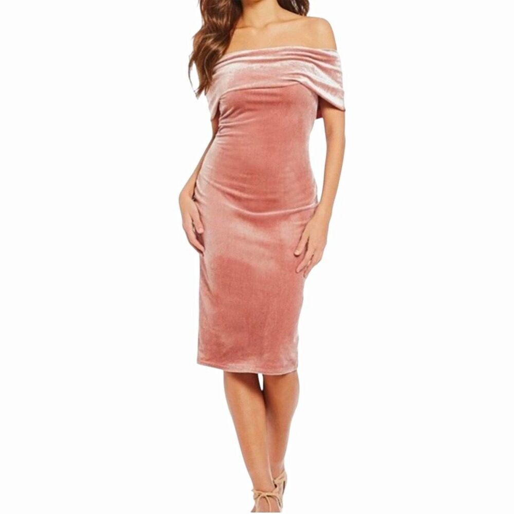 Gianni Bini Velvet Off Shoulder Midi Dress Blush Pink Bodycon Formal XS
